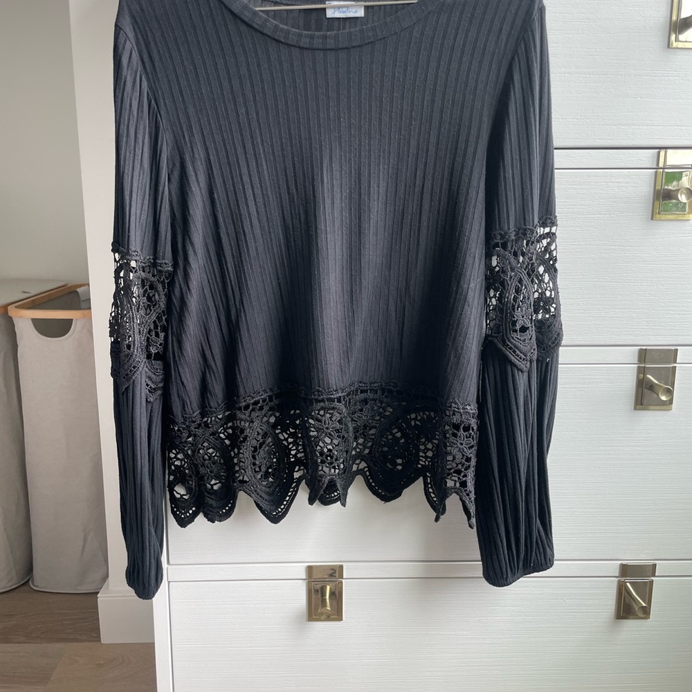 Gray Ribbed Long Sleeve Embellished Blouse